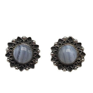 Vintage Sterling Silver CII Mexico Blue Lace Agate Sun Burst Earrings